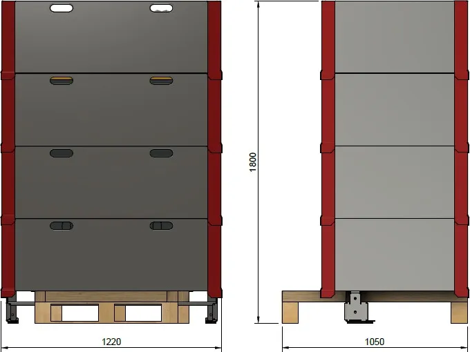 Dimensions as delivered, with pallet frames