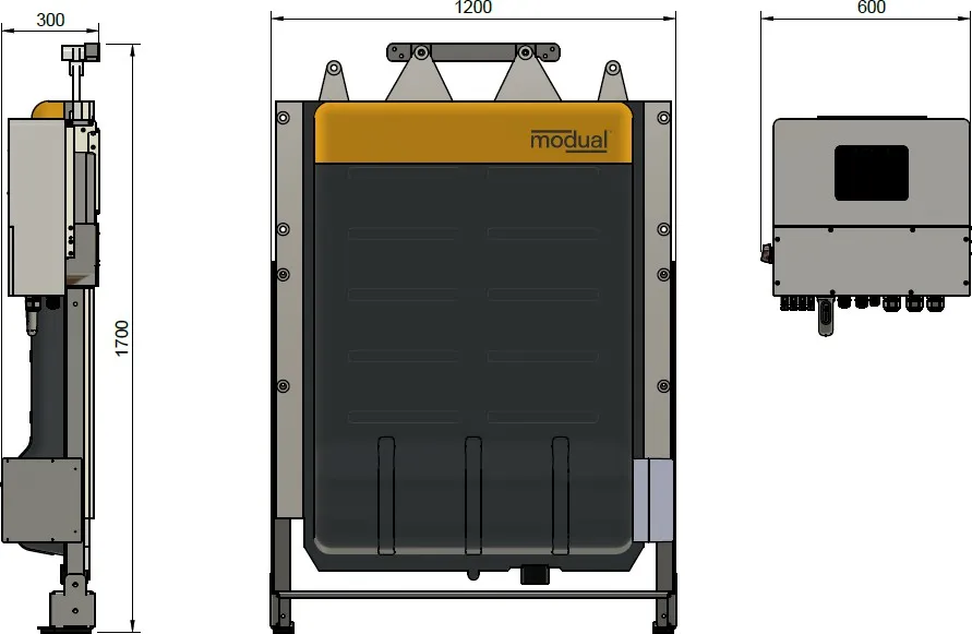 Dimensions of the battery pack and the wall-mounted inverter